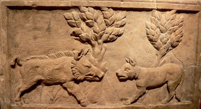 Римский барельеф. Охота на кабана с лающей собакой