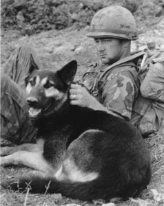 Рейфорд Браун и его собака отдыхают недалеко от форт-поста, Южный Вьетнам. 2 января 1971 год