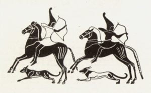 Конные лучники с собаками в бою. Роспись этрусской вазы 4 в. до н.э.