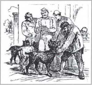 Франко-прусская война. Месье Хурэль и его собаки, снабжённые ошейниками с донесениями, готовы покинуть Париж на борту воздушного шара 11 января 1871 г.