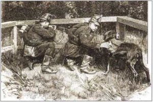 Немецкие войска на маневрах. Сумка для переноски боеприпасов или донесений прикреплённая к спине собаки. Конец XIX в.