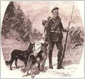Русский солдат в военном обмундировании, сопровождаемый двумя армейскими собаками.