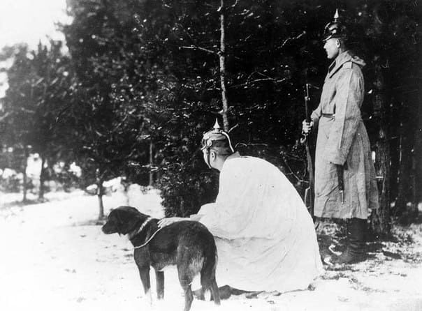 Немецкие солдаты в разведке со своей собакой на Западном фронте, 1914 год
